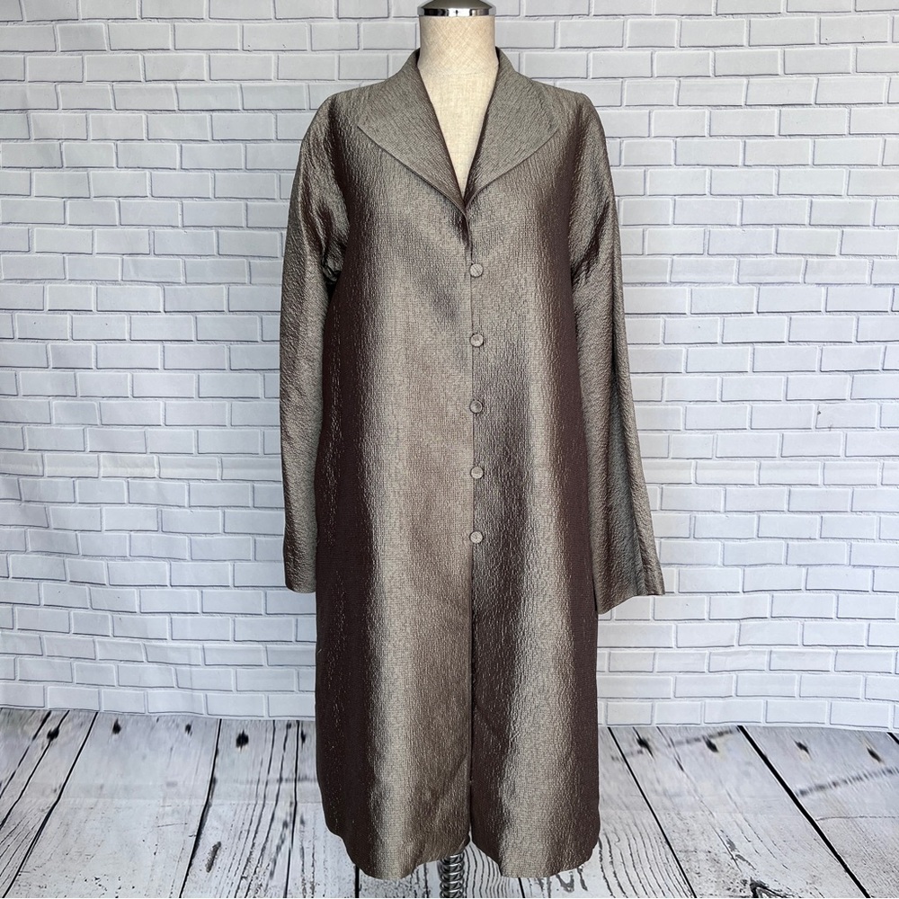 Eileen Fisher 100% Silk Silver Metallic Jacquard Coat High Collar Jacket Medium